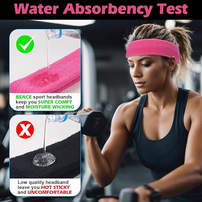 ONUPGO Sweatband Headbands for Men & Women -12PCS Sports Headbands Moisture Wicking Athletic Cotton Terry Cloth Headband for Tennis,Basketball,Football,Gym,Working Out