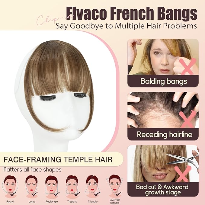 Clip in Bangs, Synthetic Wispy Bangs Hair Clip, Light Chestnut Brown Fake Bangs Fringe with Temples Hairpieces for Women Natural Curved Hair Extensions for Daily Wear