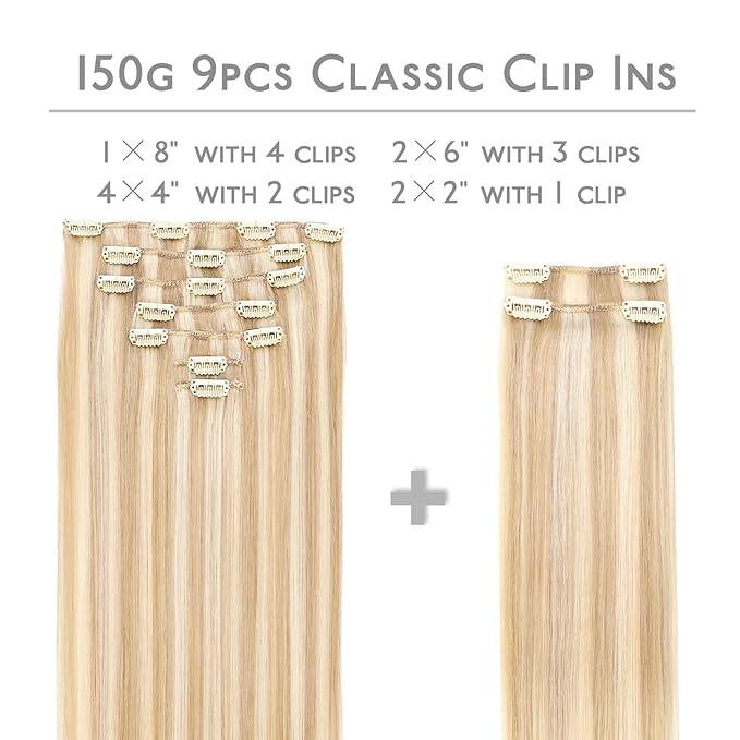 WENNALIFE Hair Extensions Clip In, 9pcs 18inch 150g Dirty Blonde Highlighted Bleach Blonde Thicker Clip In Hair Extensions Real Human Hair Remy hair extension Double Weft Clip in Human Hair Extensions