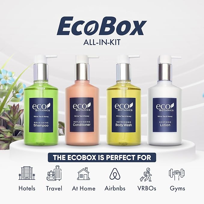 1-Shoppe Eco Botanics 10 Piece Ecobox All-In-Kit | White Tea and Honey Soap | 3 Shampoo, 2 Conditioner, 3 Body Wash & 2 Lotion | 10.14oz Hotel Soaps and Toiletries Bulk | Personal Care Products