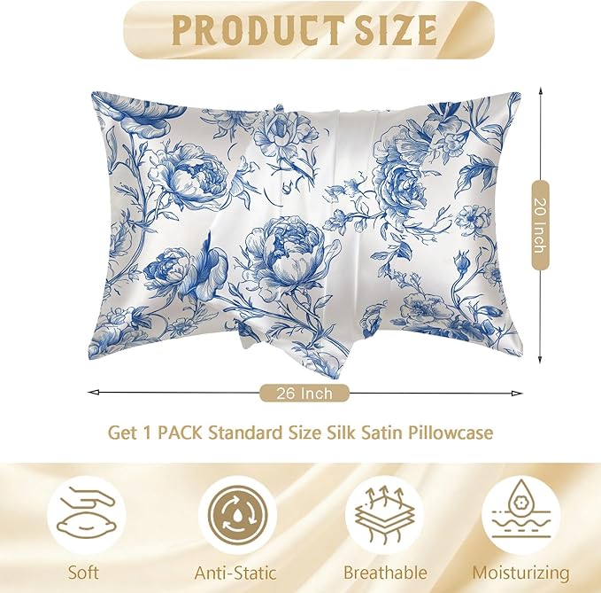 Silk Pillow Case for Hair and Skin Vintage Blue and White Floral Standard Size Silk Pillow Case with Zipper Super Soft Pillow Covers for Women Bed Sleeping, 20x26 Inches
