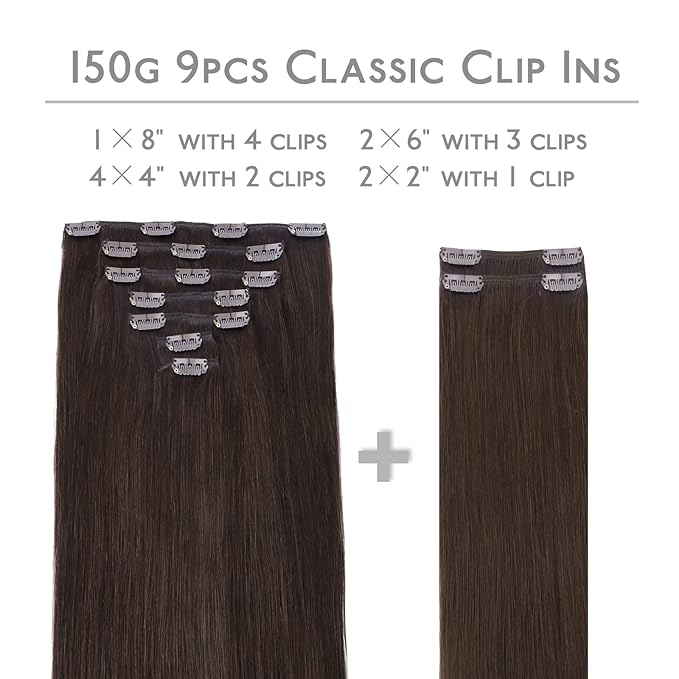 Wennalife Clip in Human Hair Extensions, 14 Inch 150g 9pcs Extensions Real Hair, Light Dark Brown Remy Ins Double Weft, #2A