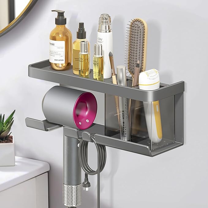 Hair Dryer Holder, Blow Dryer Organizer, Hair Dryer Holder Wall Mounted with Shelf for Bathroom, Salon, Bedroom Organizers & Storage(Matte Grey)