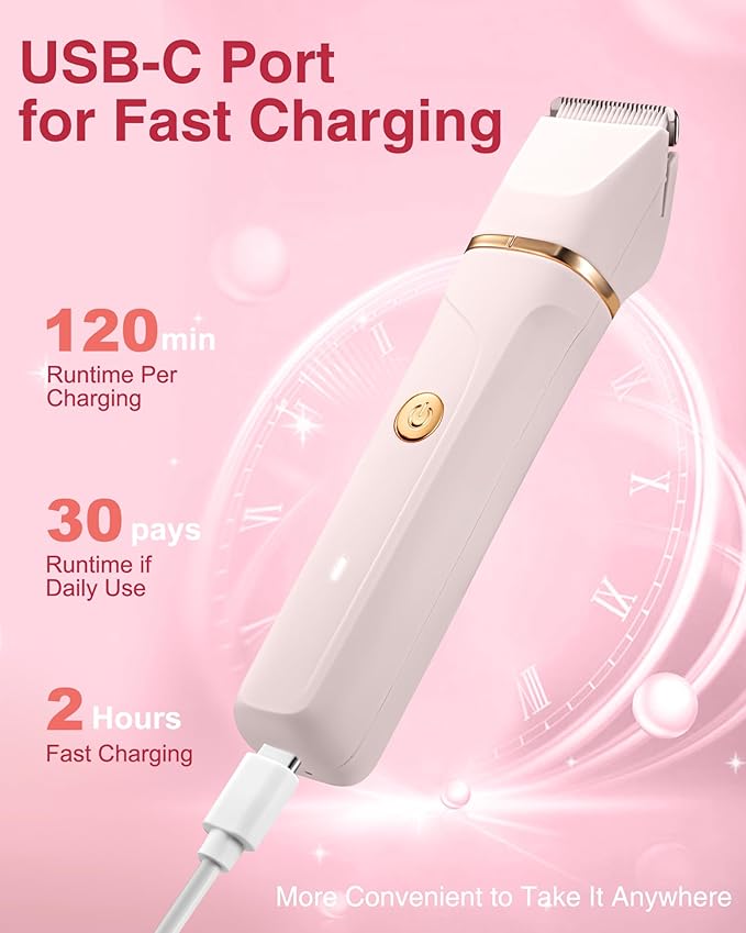 Bikini Trimmer for Women - 3-in-1 Painless Electric Razor Shaver,IPX7 Waterproof&Easy Cleaning for Pubic Hair,Face,Body with Ceramic Blades,USB Rechargeable,Wet&Dry Use(Peach)