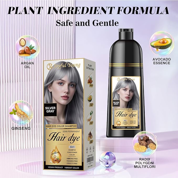 Natural Color Hair Dye Shampoo 3 IN 1, Instant Hair Coloring, Gray Coverage for Men & Women, Beard Dye Vegan Ammonia Free & Paraben-Free, Champú Para Canas Mujer & Hombre (SILVER GRAY)