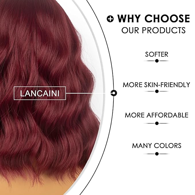 Short Bob Wigs with Bangs for Women Loose Wavy Wig Curly Wavy Shoulder Length Bob Synthetic Cosplay Wig for Girl Colorful Costume Wigs (Auburn)
