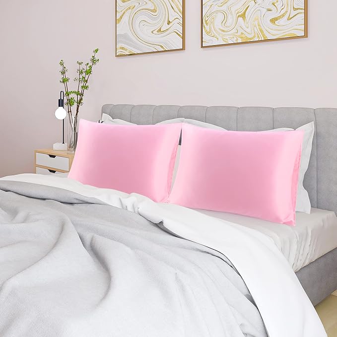 uxcell 2 Pack Silk Satin Pillowcase for Hair and Skin, Cool, Silky, Soft Breathable Pillow Cases Standard Size 20x26 Inch Sateen Pillowcase Lilac with Envelope Closure