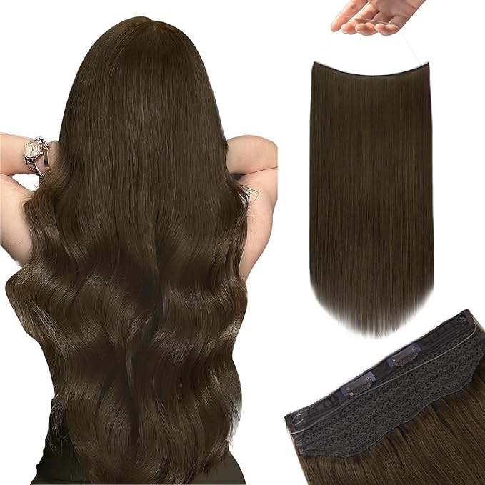YoungSee Wire Hair Extensions Real Human Hair Brown Wire Extensions Real Human Hair Brown Straight Human Hair Fish Line Extension Easy to Apply and Remove 18 Inch 80g