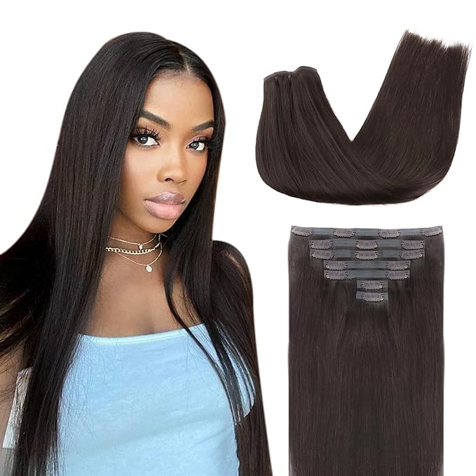 Lashey Seamless Clip in Hair Extensions Human Hair 7pcs 110g Straight Remy Hair, 18 Inch #2 Dark Brown Hair Extensions with PU Skin Weft for Women