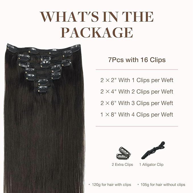 GOO GOO Clip in Hair Extensions Real Human Hair, Remy Human Hair Extensions Clip ins for Women, Natural Human Hair, 20inch 160g 7Pcs, #2 Dark Brown