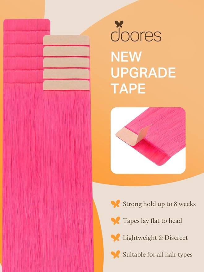 DOORES Hair Extensions Human Hair Tape in, Hot Pink 14 Inch 25g 10pcs, Tape in Human Hair Extensions Remy Straight Hair Double Side Tape Remy Human Hair Extensions