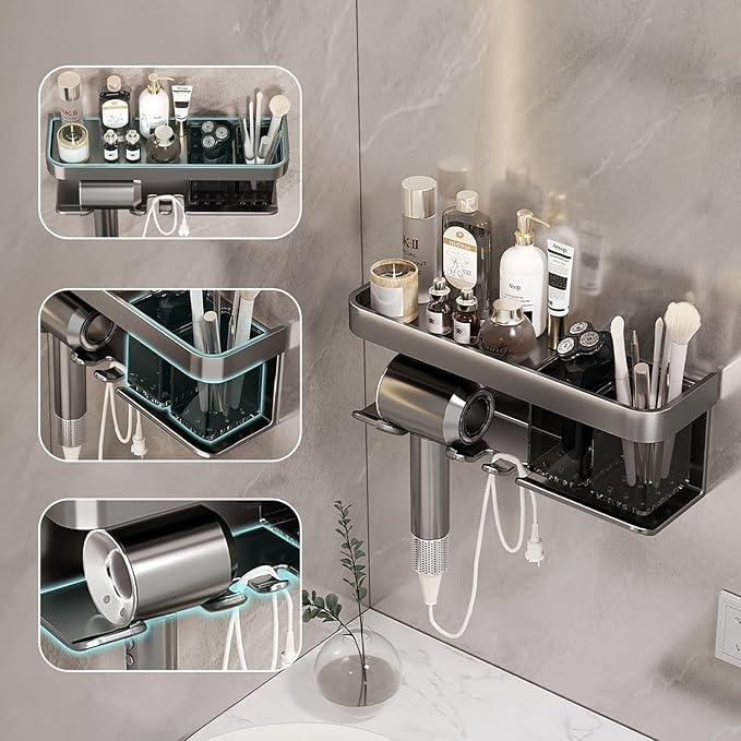 Hair Dryer Holder, Blow Dryer Organizer, Hair Dryer Holder Wall Mounted with Shelf for Bathroom, Salon, Bedroom Organizers & Storage(Matte Grey)