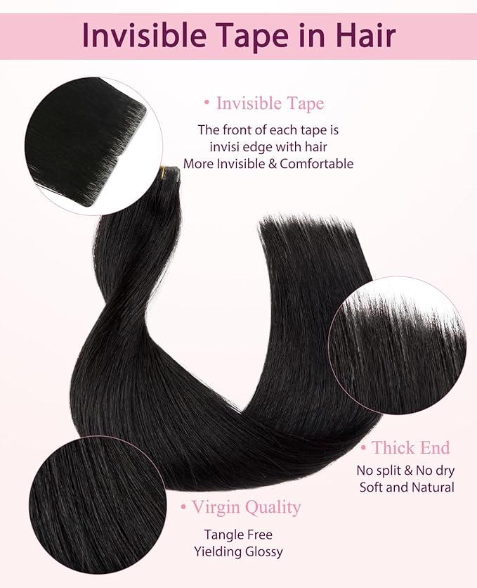 Pinkpearl Invisible Tape in Hair Extensions Human Hair, 20pcs 20inch 55g #1B Natural Black Injection Tape in Extensions Real Remy Straight Seamless Silky Human Hair Injected