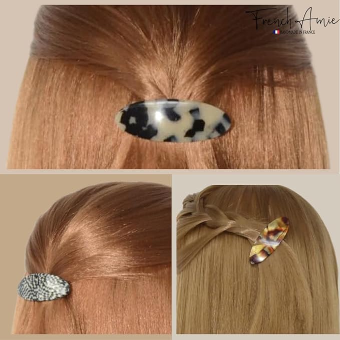 French Amie Oval Mini Opera White Tokyo Amber Brown Set of 3 Handmade Celluloid Hair Clip Barrette for Girls (2.5 inch)