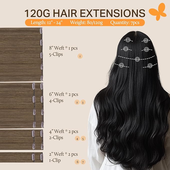 DOORES Human Hair Extensions Clip Ins, Light Ash Brown 12 Inch 7pcs 80g, Thick Human Hair Extensions Natural Thick Silky Straight Weft