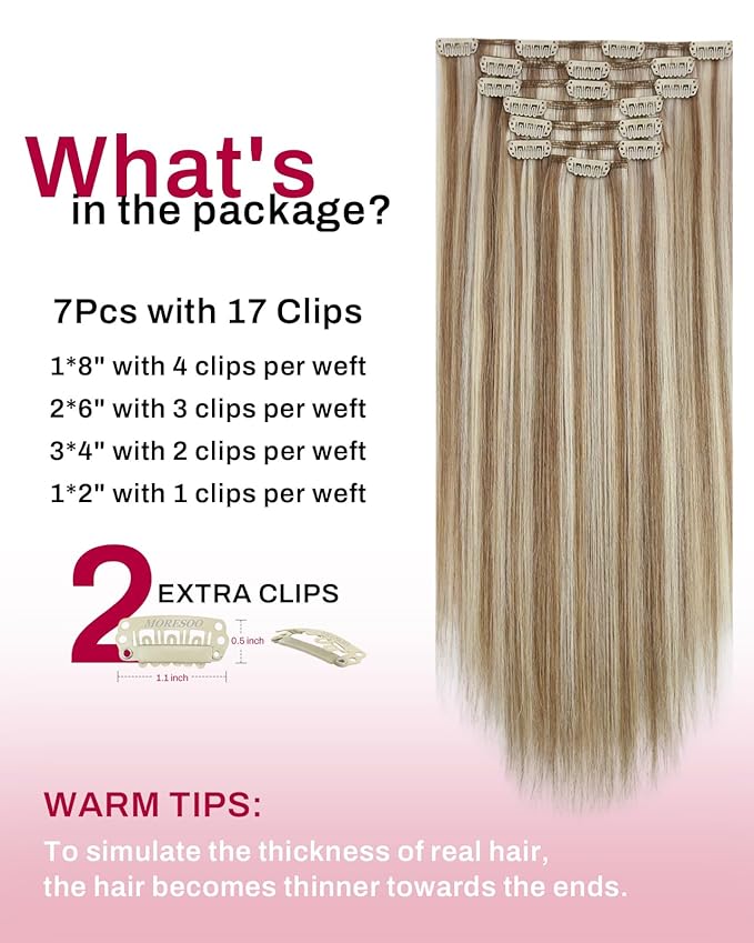 Moresoo Clip in Hair Extensions Brown Blonde Clip on Extensions Human Hair Medium Golden Brown with Platinum Blonde to Add Highlights for Women Long And Straight 120g/7pcs Double Weft 22in