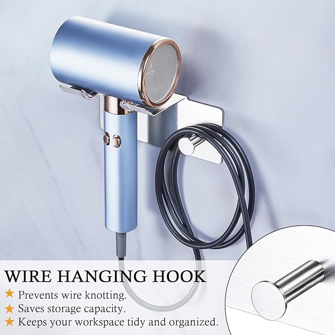 Hair Dryer Holder Wall Mount, Blow Dryer Holder for Wall, Adhesive Hairdryer Holders, Stainless Steel Blowdryer Holders Bathroom Hair Tool Organizer Hair Dryer Hanger Hook with Cord Storage (Silver)