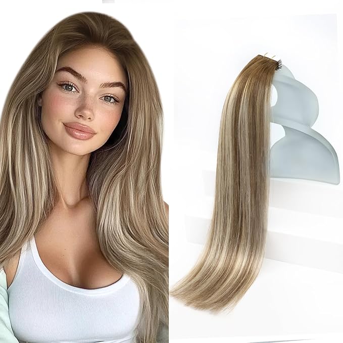 Sunny Hair Tape in Hair Extensions Medium Brown Balayage Blonde Tape in Hair Extensions Human Hair, 18 inch Remy Hair Extensions Tape in 20Pcs 50g