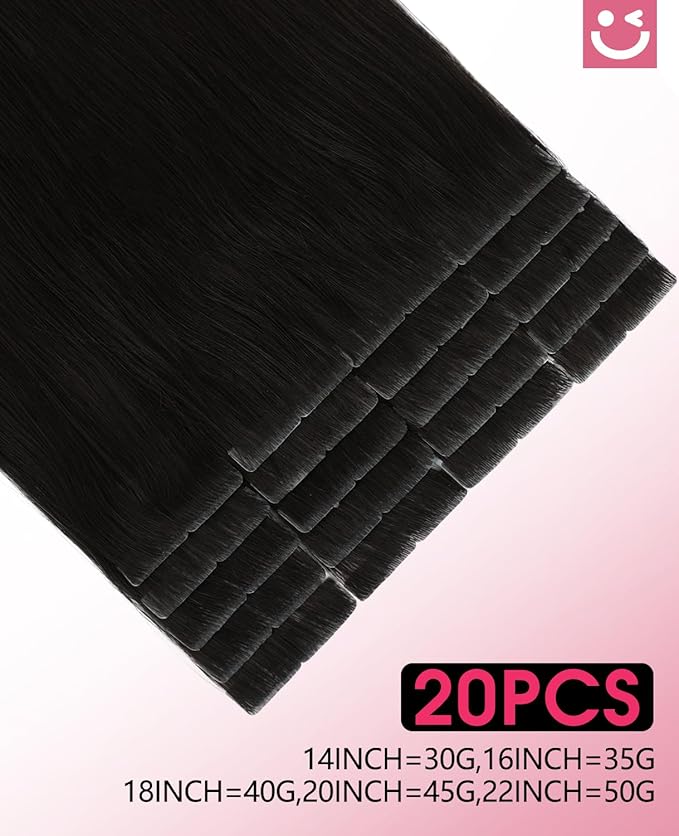 Youngsmile Injection Tape in Hair Extensions Human Hair, #1B Natural Black Invisible Tape in Injected Hair Extensions, 20pcs 35g, 16 Inch Injected Tape Ins Straight Extensiones De Cabello (#1B,16'')