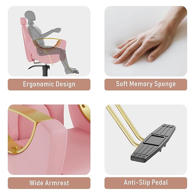 Barber Chair for Hair Stylist, Height Adjustable Hydraulic Hair Reclining Salon Chair, 360 Degrees Rotation, Multi-Function Shampoo Chair for Salon Barbershop (Modern Pink)