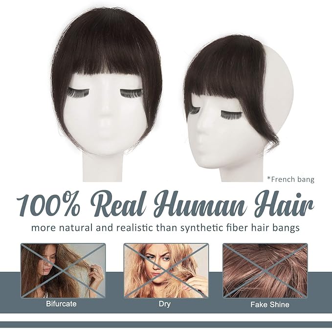 BARSDAR Human Hair Clip in Bangs - 100% Real Human Hair Clip in Bangs for Women - Darker Brown French Bangs Extensions Fringe with Temples Real Hair Bangs Hairpieces - Darker Brown