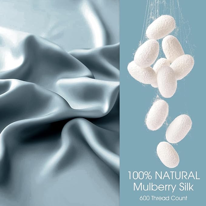 100% Silk Pillow Cases 2 Pack Standard Size Mulberry Silk Pillowcase for Hair and Skin Set of 2 Highest Grade 6A Silk Soft Breathable Cooling with Hidden Zipper, Grey Blue