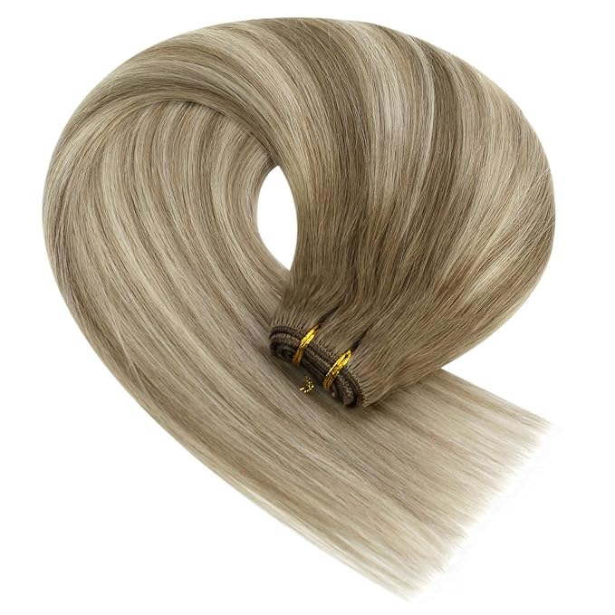 YoungSee 130G Weft Hair Extensions Human Hair Balayage Light Brown Mix Platinum Blonde Hair Extensions Sew in Balayage Double Weft Human Hair Extension Long Straight Hair 24Inch