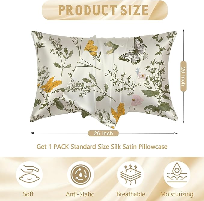 1 Pack Satin Pillowcase for Hair and Skin Vintage Wildflowers and Herbs Imitation Silk Pillowcase with Hidden Zipper Soft Breathable Pillow Cover Standard Size for Bedroom Sofa 20”x26”