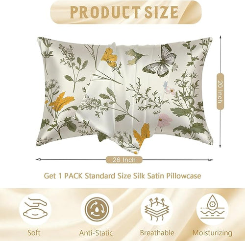 1 Pack Satin Pillowcase for Hair and Skin Vintage Wildflowers and Herbs Imitation Silk Pillowcase with Hidden Zipper Soft Breathable Pillow Cover Standard Size for Bedroom Sofa 20”x26”