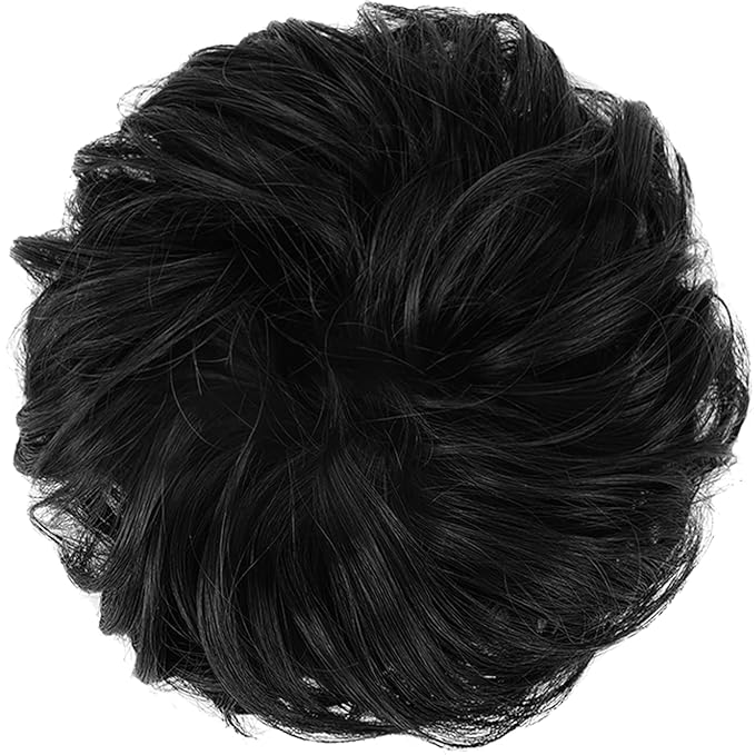 FESHFEN Messy Bun Hair Piece - Large Elastic Wavy Curly Hair Bun Scrunchies Ponytail Extensions Synthetic Chignon Hairpieces for Women, Off Black 1.94oz