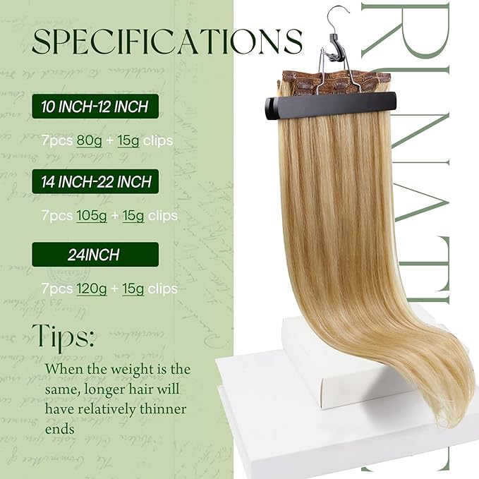 RUNATURE Clip in Hair Extensions Real Human Hair, Blonde Human Hair Clip in Extensions, Double Weft Full Head Remy Hair Extensions Clip Ins, Tangle-free 16 Inch 120g 7pcs #16P24 Blonde Highlights