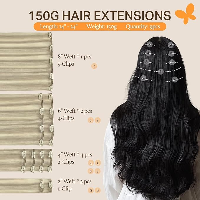 DOORES Clip in Hair Extensions Real Human Hair, Ash Blonde Highlighted Platinum Blonde 150g 9pcs 18 Inch, Hair Extensions Real Human Hair Clip ins Extensions Human Hair Natural Straight Thick