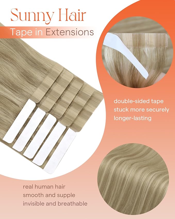 Sunny Hair Tape in Hair Extensions Real Human Hair Invisible Remy Hair Extensions Tape ins for Women Dark Honey Blonde Highlight Medium Blonde 20 inch 25G