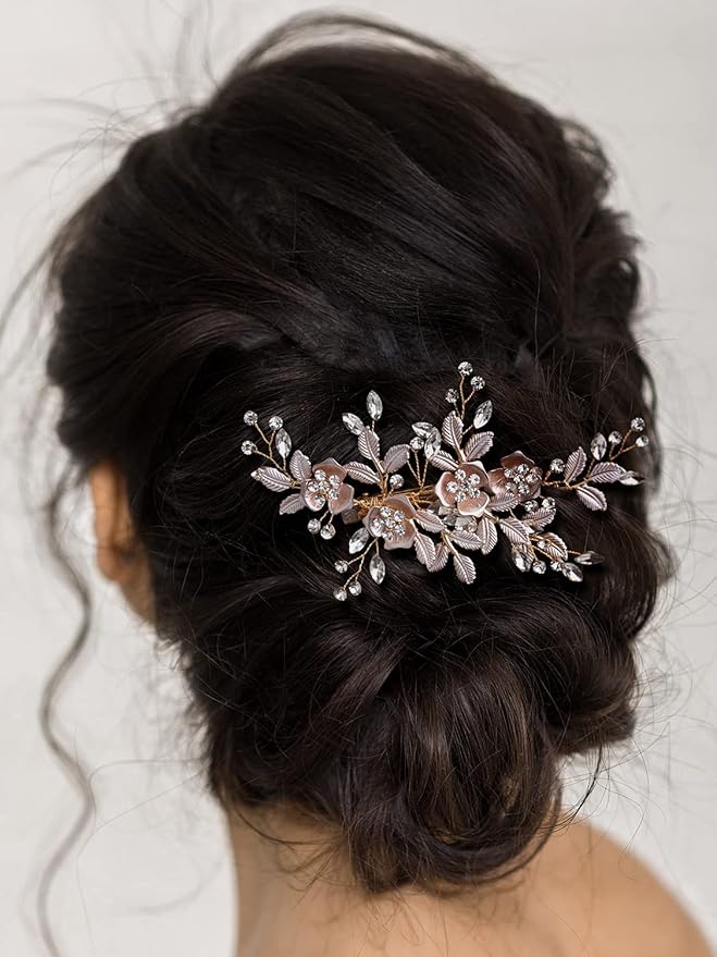 SWEETV Light Rose Gold Wedding Clip Rhinestone Bridal Comb Barrette - Handmade Flower Clip Head Pieces for Women