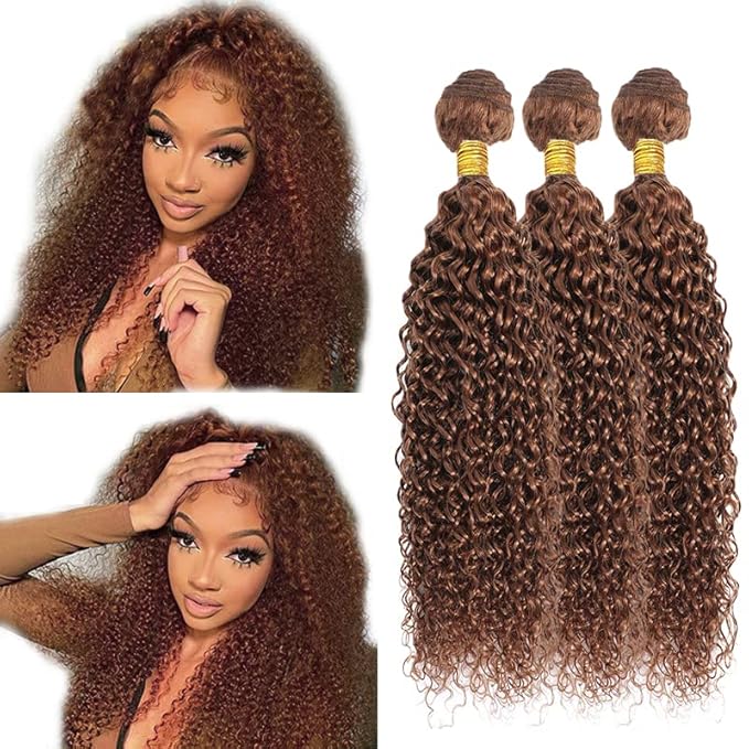 Color #30 Human Hair Bundles Light Brown Water Wave Bundle 22 24 26 Inch Niegmeag Brazilian Virgin Soft and Silky Remy Hair Extensions Color #30 Wet and Wavy Bundle
