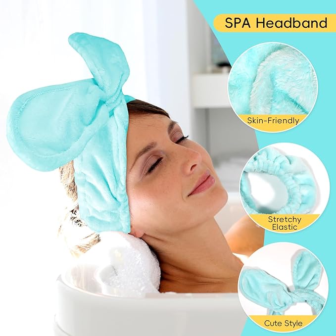 Face Wash Headband Set Adjustable Makeup Hair Headbands, Cute Spa Skincare Headband and Wristband Set 4PK, Ideal for Face Washing Coral Velvet for Girl Women