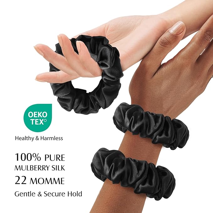 YFONG 3 PCS 100% Silk Scrunchies for Hair Sleep Women Girls, 22 Momme Pure Mulberry Hair Ties for Frizz & Breakage Prevention, Elastic Ponytail Holders Gentle And No hurt (3PCS Black)