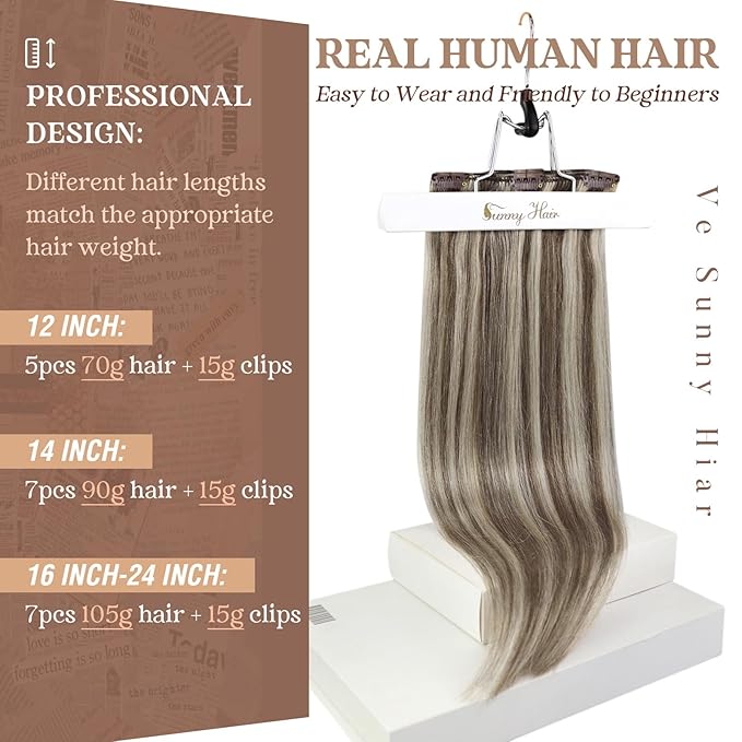 Ve Sunny Clip in Hair Extensions Real Human Hair Highlights Clip in Extensions Light Brown Mix Platinum Blonde Clip on Hair Extensions for Women Straight Hair 7pcs 20inch 120g