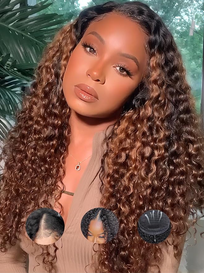 YIROO EasiContour V Part Wigs Ombre Brown Glueless Human Hair Upgrade U Part Wig with Dark Roots Highlight V Shape Clip Wigs Beginner Friendly with Drawstring Ready to Wear Chestnut Brown Color 14Inch