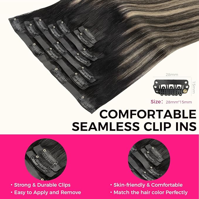 Lashey Seamless Clip in Hair Extensions Human Hair, 110g 7pcs Straight Balayage Natural Black to Light Blonde Highlighted Clip in Hair Extensions for Black Women 16 Inch