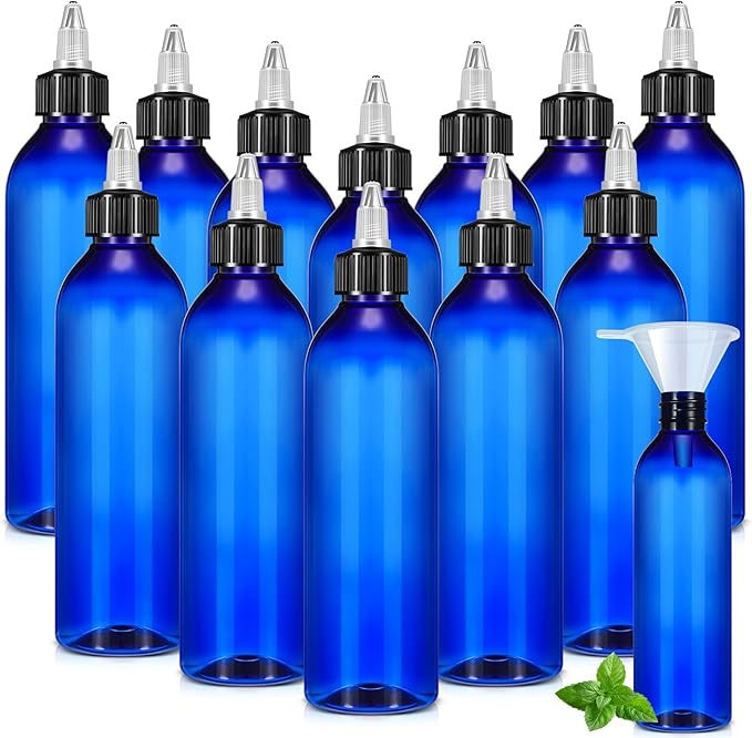 Barydat 12 Pcs Applicator Bottles for Hair, Squeeze Hair Oil Applicator Bottle Refillable Empty Plastic Bottles, Twist on Top Cap with Open Close Nozzle and 2 Funnels(8 oz,Blue)