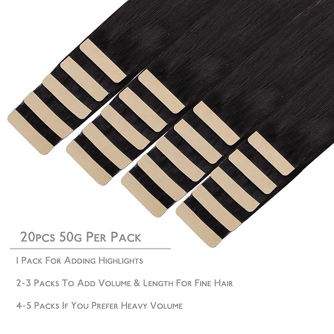 WENNALIFE Tape in Hair Extensions Human Hair, 20pcs 50g 16 inch Natural Black Remy Hair Extensions Straight Human Hair Tape in Extensions Skin Weft Tape Extensions Human Hair