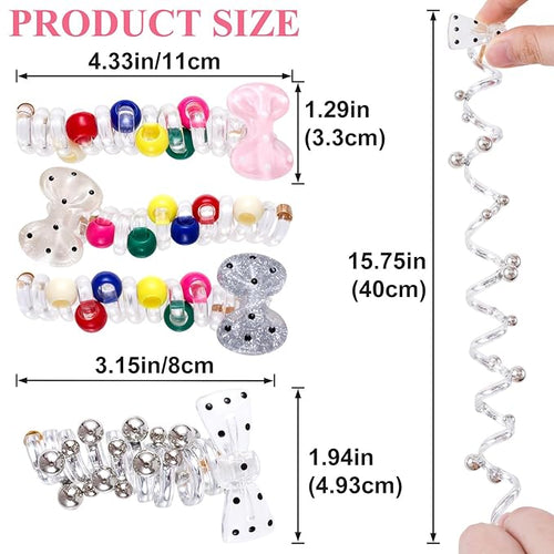 4PCS Bow Spiral Hair Ties with Colored Beads, 4 Colors Bowknot Bead Phone Cord Ponytail Holders for Women, Elegant Rubber Hair Coils, Stylish Hair Accessories for Party, Daily Use