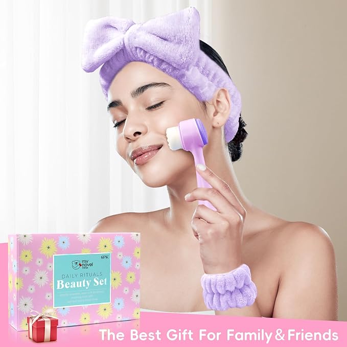 Spa Headband for Washing Face, Skincare headband and wristband set, Facial Cleansing Brush, 2-in-1 Skin Care face Brush, Come with a Hair Scrunchie For Massaging Makeup Skincare-Purple