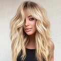 Ombre Blonde Wig with Bangs,Blonde Highlight Wavy Wigs for Women,Shoulder Length Curly Synthetic Hair Wig for Party Daily Use 18IN…