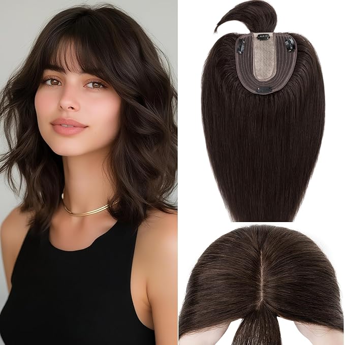 Rich Choices Real Human Hair Toppers for Women With Bang 100% Remy Human Hair Topper for Thinning Hair Clip in Silk Base Hair Topper 14 Inch #2 Dark Brown