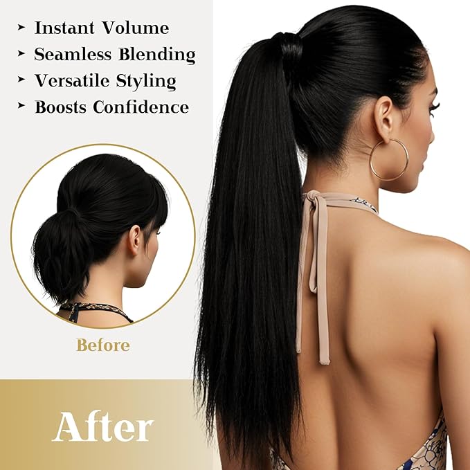 Ve Sunny Hair Extensions Ponytail Real Human Hair Wrap Around Clip in Ponytail Hair Extensions Straight Extensions Human Hair for Women Jet Black 16inch 80G