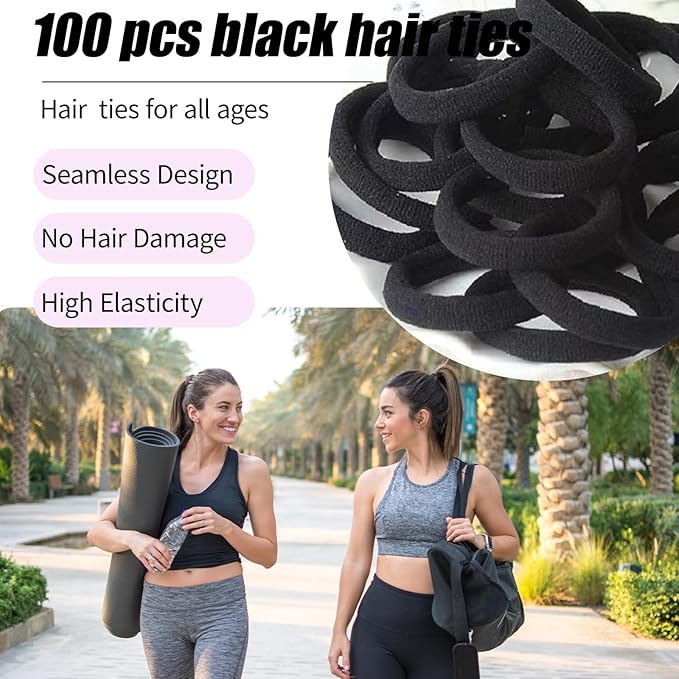 100 PCS Black Nylon Hair Ties for Women, Elastic Hair Bands No Damage for Thick,Seamless Ponytail Holders For Girls All Hair Types.