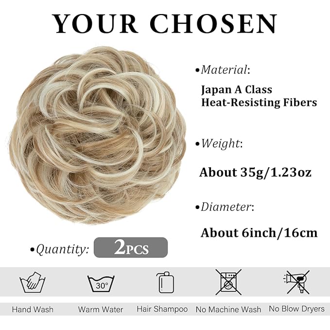 SARLA 2PCS Messy Hair Bun Hair Pieces Wavy Curly Synthetic Updo Fake Scrunchies Ponytail Extension for Women Sunny Blonde