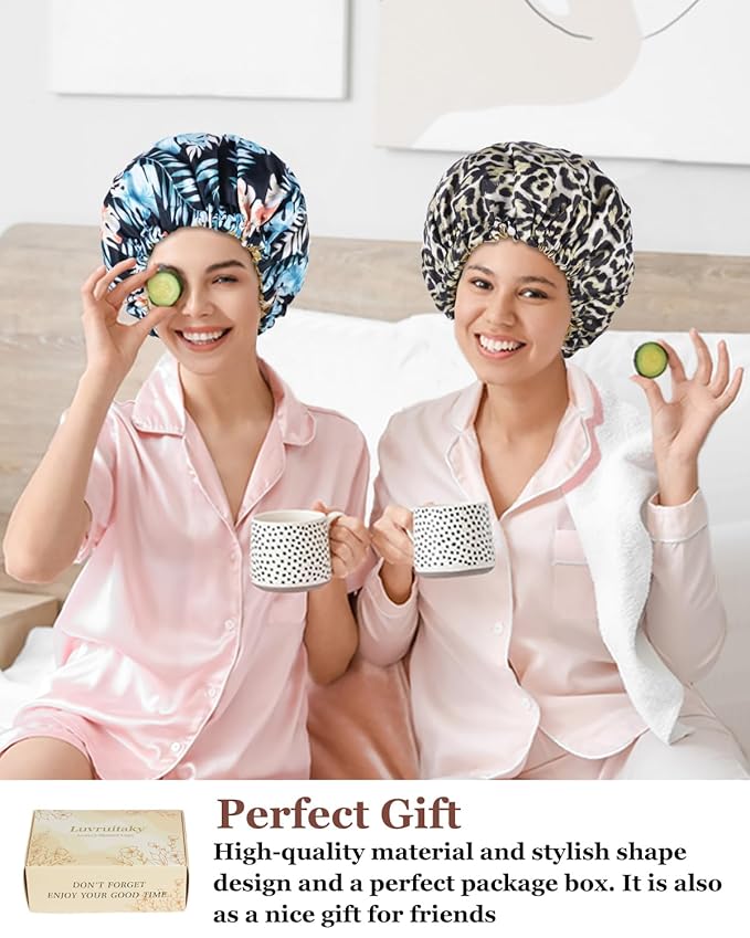 Large Shower Caps for Women Reusable Waterproof Satin Lined Shower Cap with Adjustable Band Double Layer Design Luxury Washable Bath Hair Bonnet (Blue Flower)